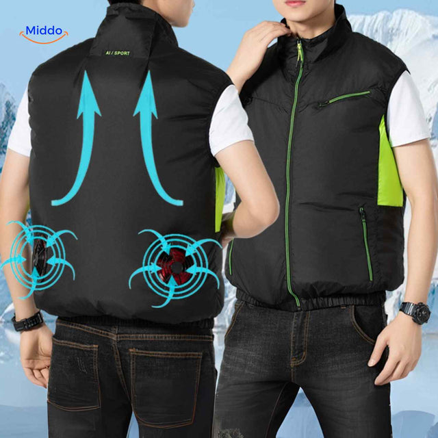 Black cooling work vest with dual fan ventilation system and sleeveless design for active airflow.