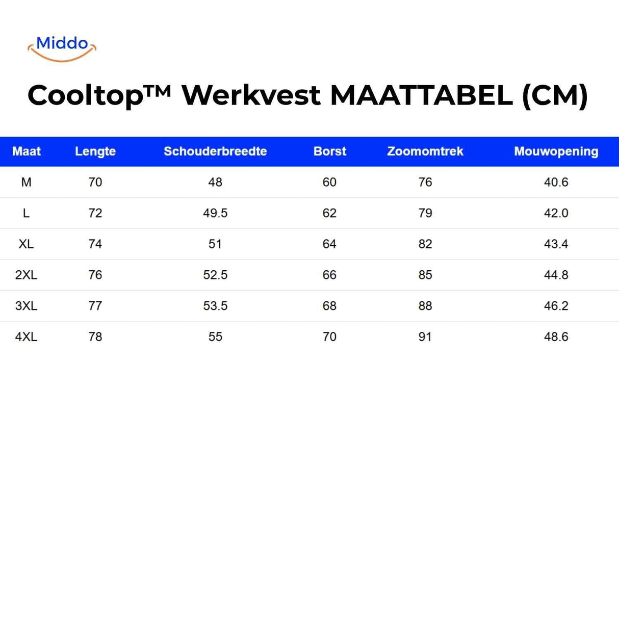 Cooling work vest sizing chart showing length, shoulder, chest and sleeve measurements.
