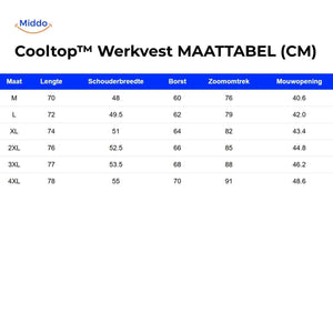 Cooling work vest sizing chart showing length, shoulder, chest and sleeve measurements.