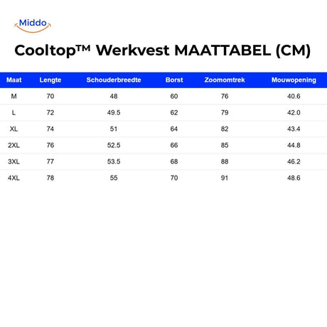 Cooling work vest sizing chart showing length, shoulder, chest and sleeve measurements.