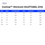 Cooling work vest sizing chart showing length, shoulder, chest and sleeve measurements.