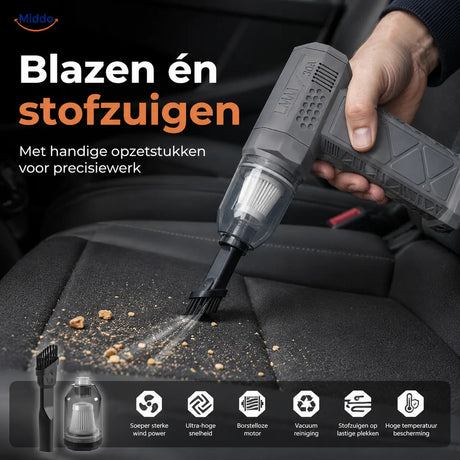 Portable air blaster removes dust and debris from car interiors and tight spaces.