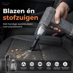 Portable air blaster removes dust and debris from car interiors and tight spaces.