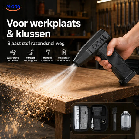 Workshop air blaster efficiently clears sawdust and wood debris from work areas.
