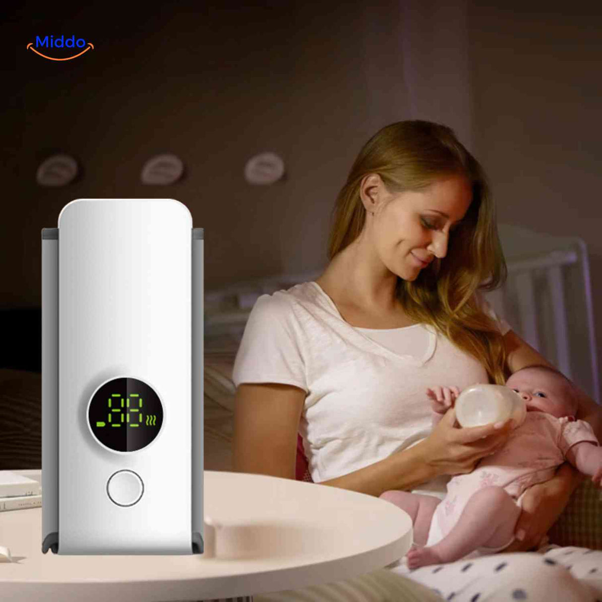 Cordless bottle warmer used by a mother feeding her baby during a nighttime session