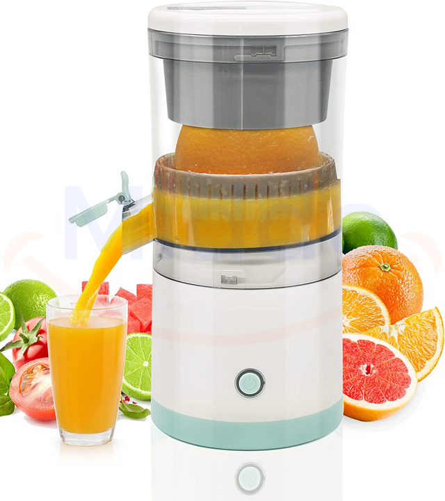 Cordless electric juicer with fresh juice ready for serving.