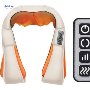 RelaxPro massager in cream with orange LED light for neck and shoulder relief.