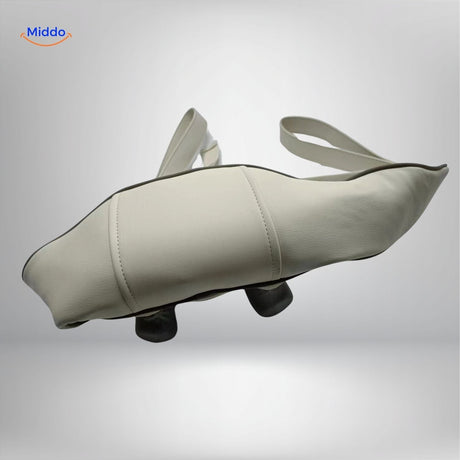 RelaxPro cordless massager in elegant cream color with simple design.