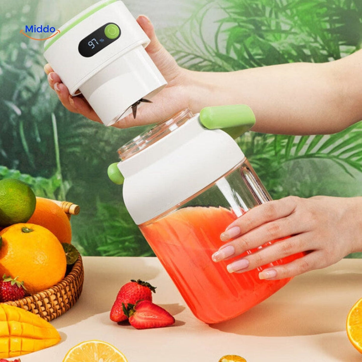 Cordless blender demonstrating easy shake and blend motion for juices.