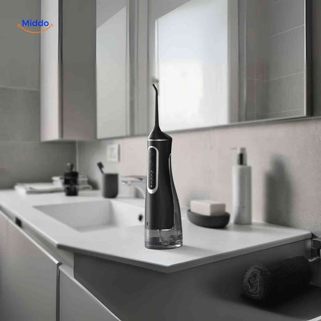 Modern cordless water flosser displayed on bathroom counter for daily oral care.