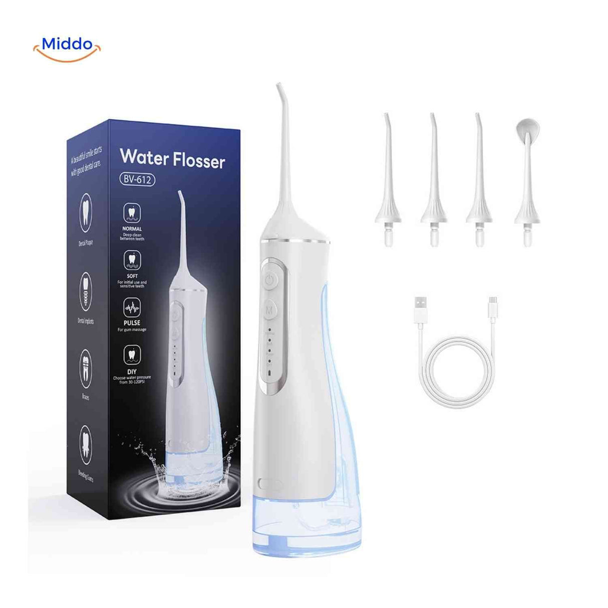 Cordless water flosser available in classic white and sleek black options.
