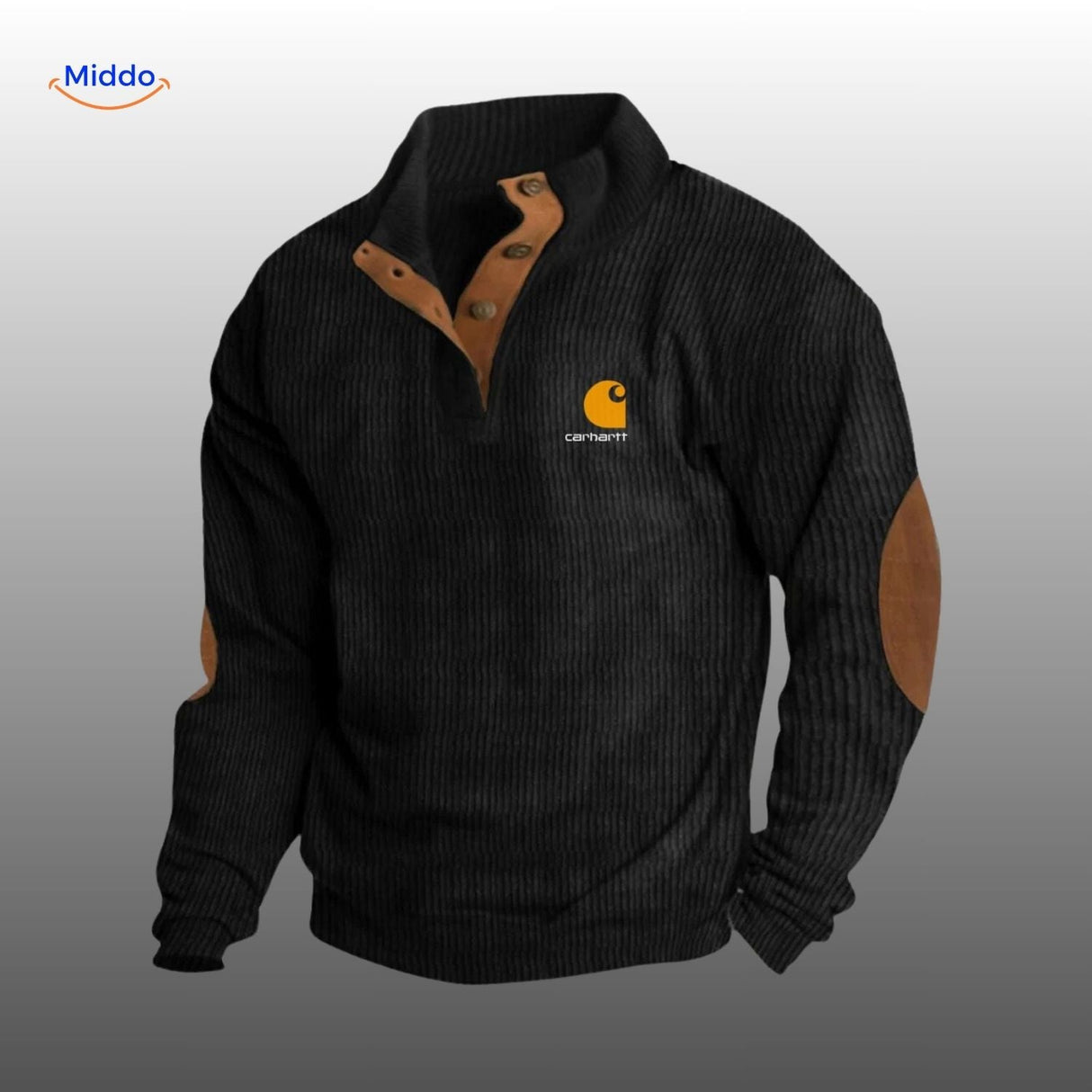 Black corduroy sweater with warm brown accent details.
