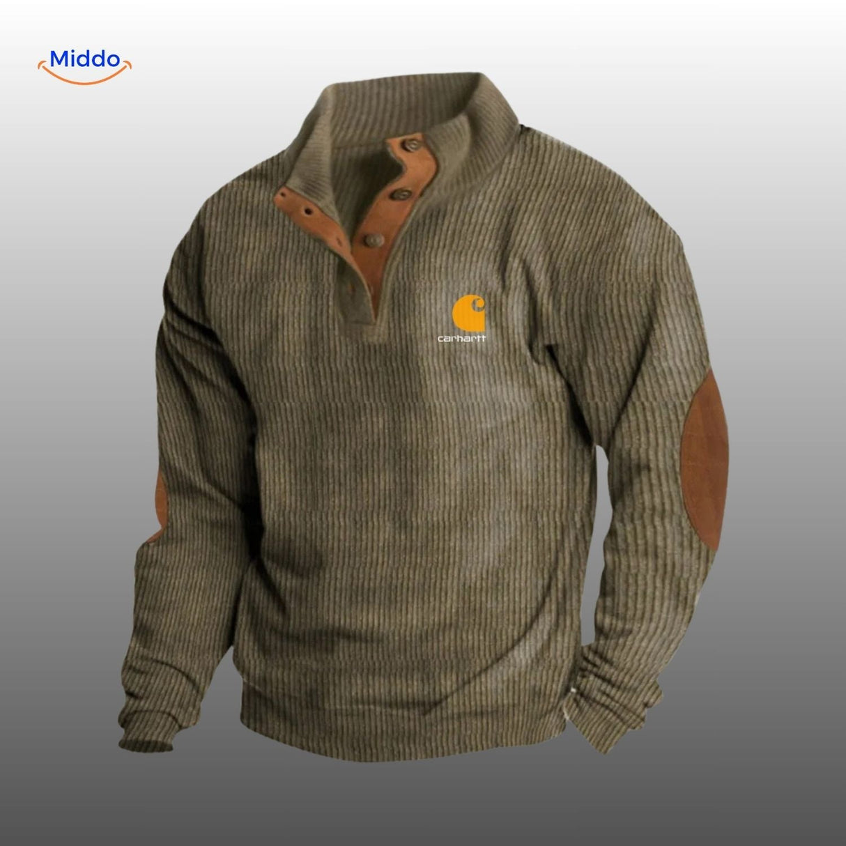 Olive corduroy sweater with contrasting brown accent trims.