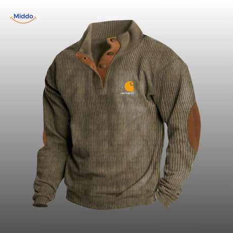 Olive corduroy sweater with contrasting brown accent trims.