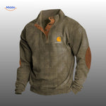 Olive corduroy sweater with contrasting brown accent trims.