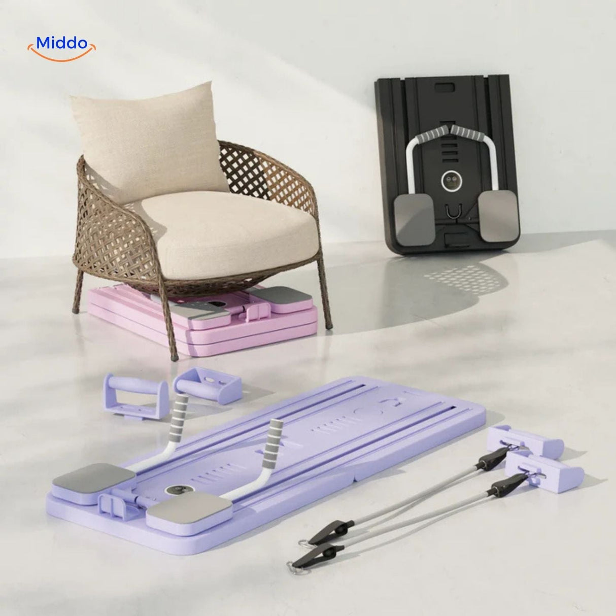 CoreFlex Pro core trainer in foldable setup with adjustable accessory attachments.