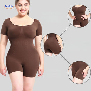 Matte-finish body-shaping bodysuit with corset-top firming support.