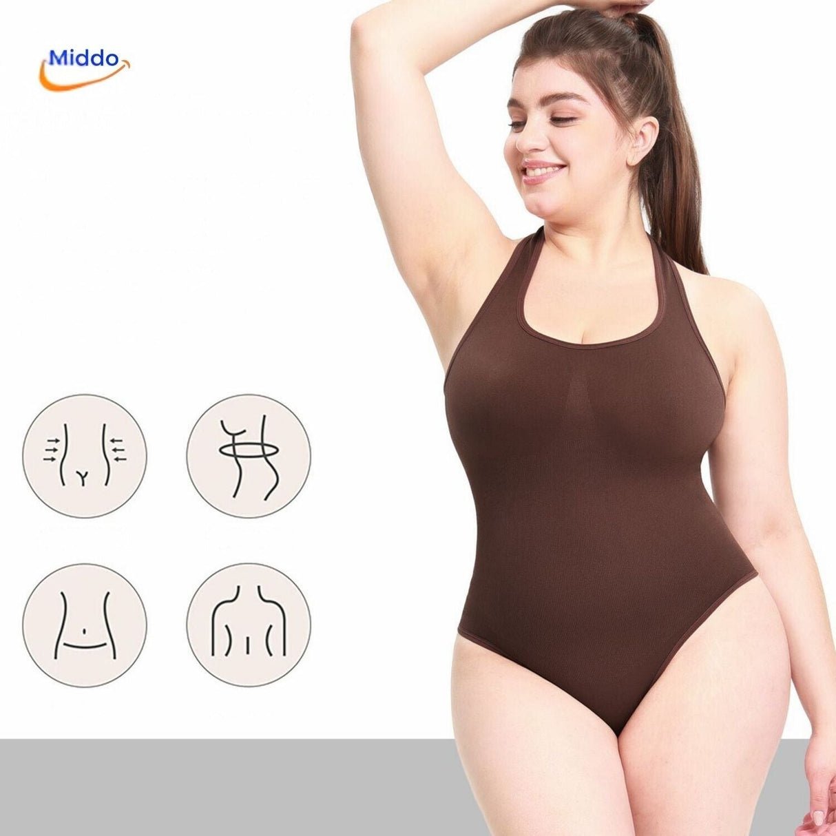 Brown shapewear bodysuit with corset-top design and thin shoulder straps.