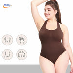 Brown shapewear bodysuit with corset-top design and thin shoulder straps.