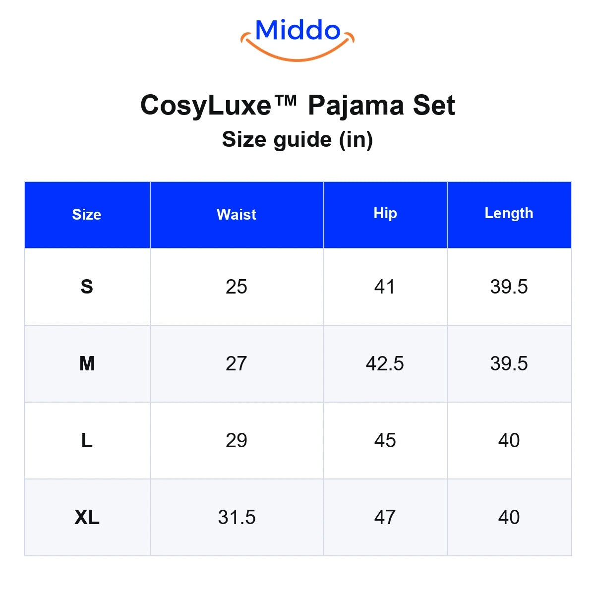 CosyLuxe pajama set size guide in inches for S, M, L, and XL