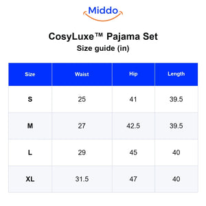 CosyLuxe pajama set size guide in inches for S, M, L, and XL