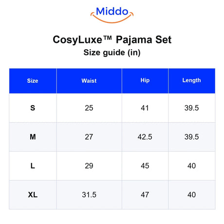 CosyLuxe pajama set size guide in inches for S, M, L, and XL