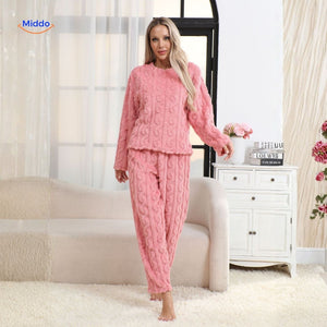 CosyLuxe pink fleece pajama set with long-sleeve top and matching pants