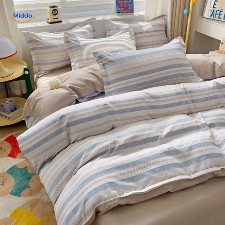 Soft cotton bedding set with blue and white stripe design for baby and mother comfort.