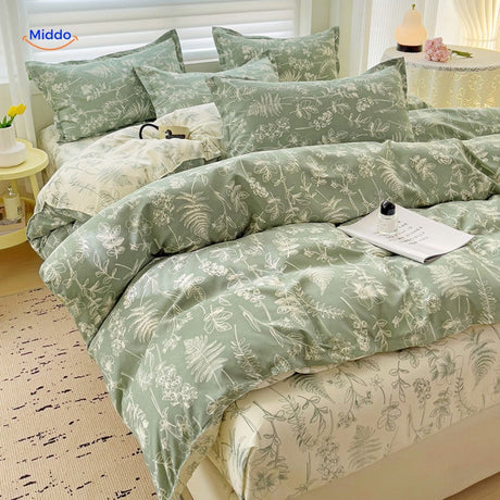 Natural green leaf print on pure cotton bedding for peaceful sleep.