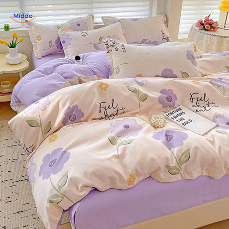 Gentle lavender flower motif bedding set made from pure breathable cotton.