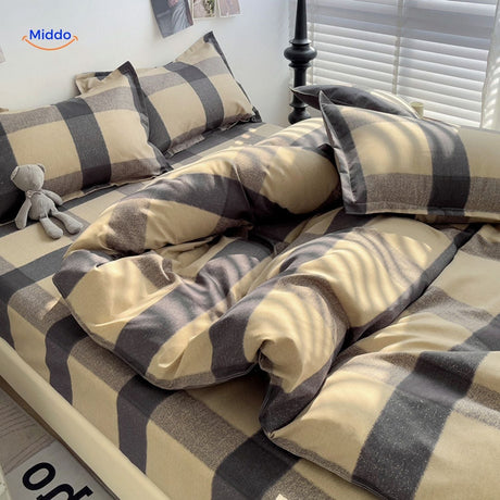 Pure cotton bedding with large plaid check design, soft and durable.