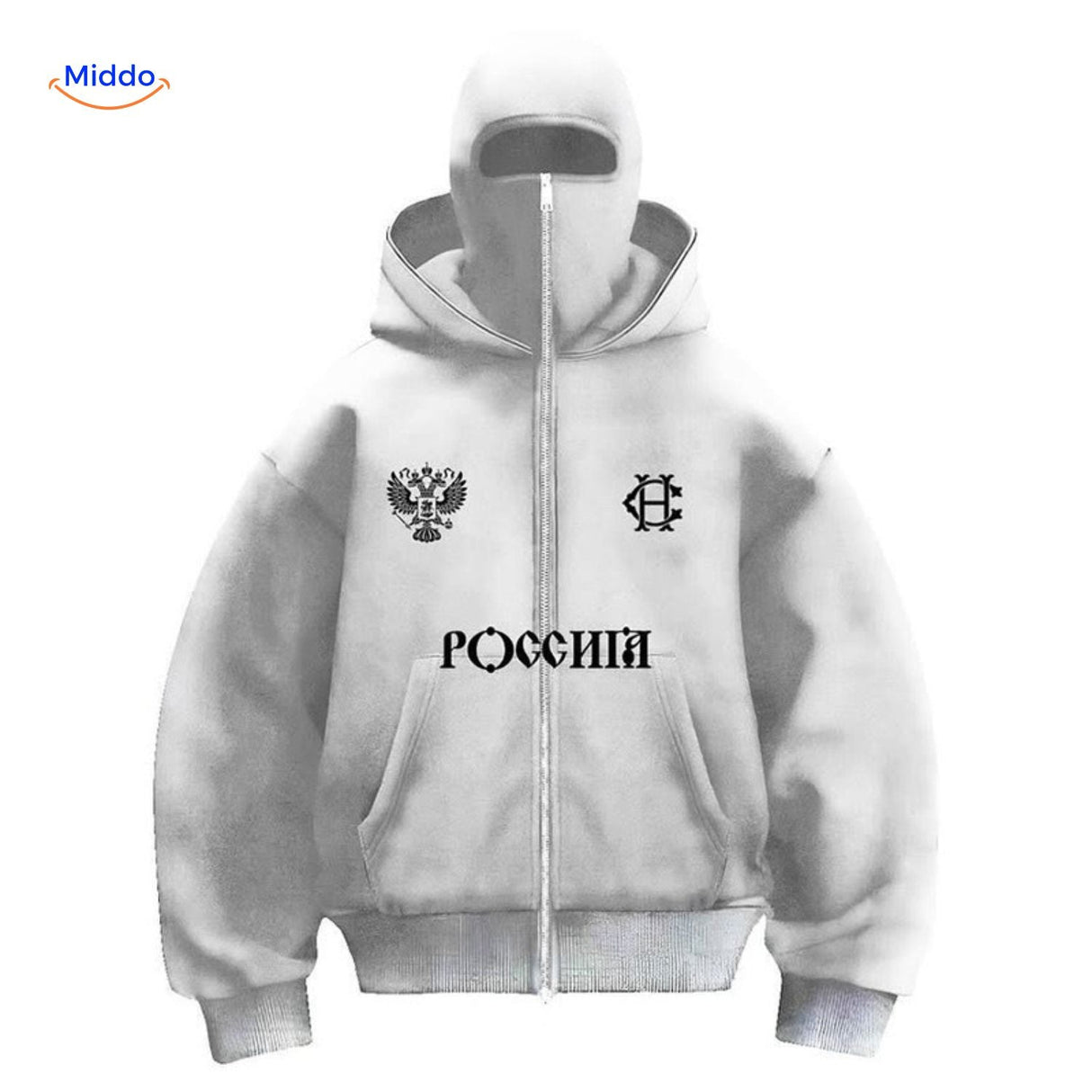 White unisex hoodie featuring graphic print design and double-hood comfort.