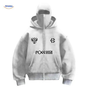 White unisex hoodie featuring graphic print design and double-hood comfort.
