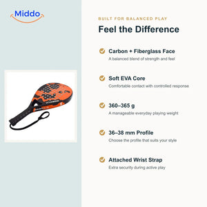 CourtMatch carbon padel racket materials, weight, profile and wrist strap