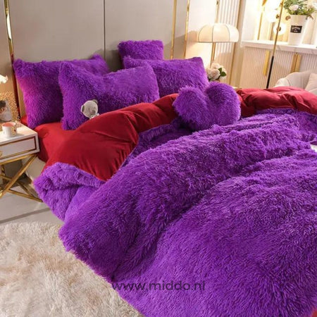 Purple teddy fleece bedding set with plush comfort and included free heart pillow