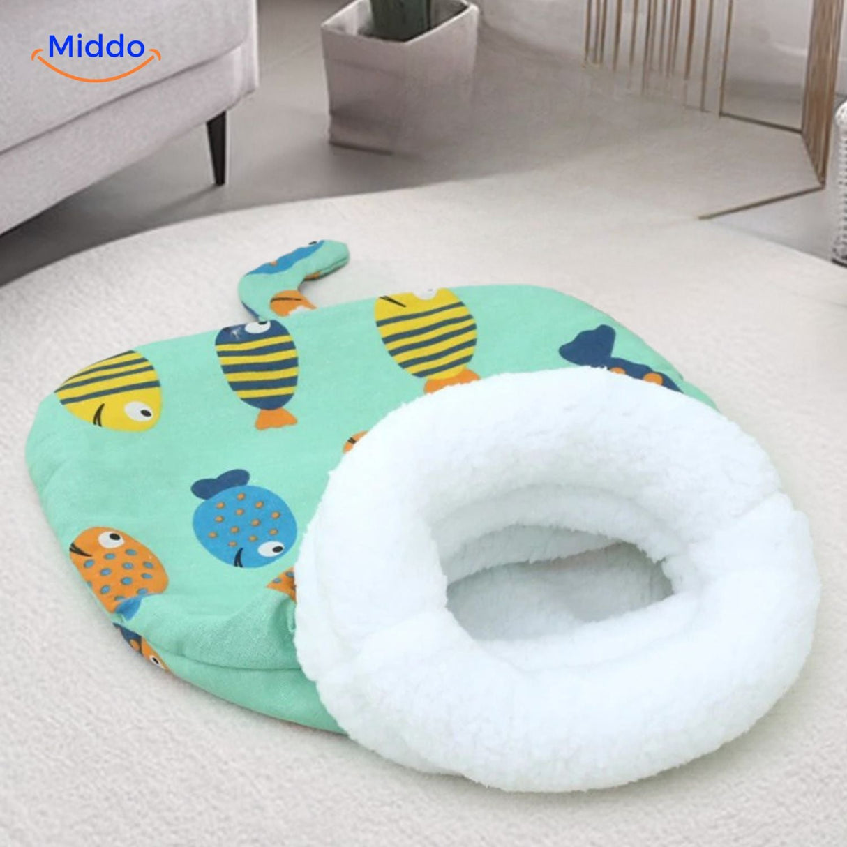 Cozy cat bed with cat resting inside showing enclosed shelter design.