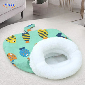 Cozy cat bed with cat resting inside showing enclosed shelter design.