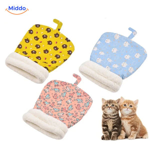 Cozy cat bed in green fish pattern placed in home room setting.