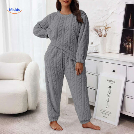 Gray soft fleece pajama set ideal for cold nights and cozy evenings.