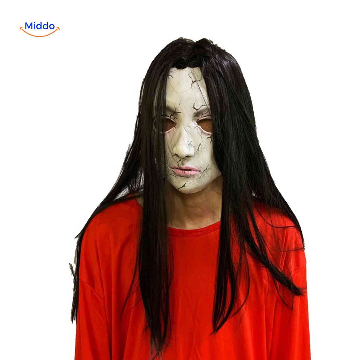 Cracked mask with faded lips and blank expression for eerie effect.
