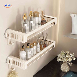 Cream suction shelf with towel rack and perfume bottle display.
