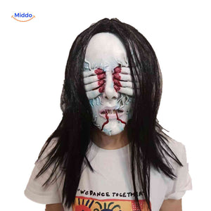 Creepy mask with bloody hand-eyes and torn teeth for terrifying effect.