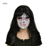 Pale creepy mask with seam scars and dark haunting expression.