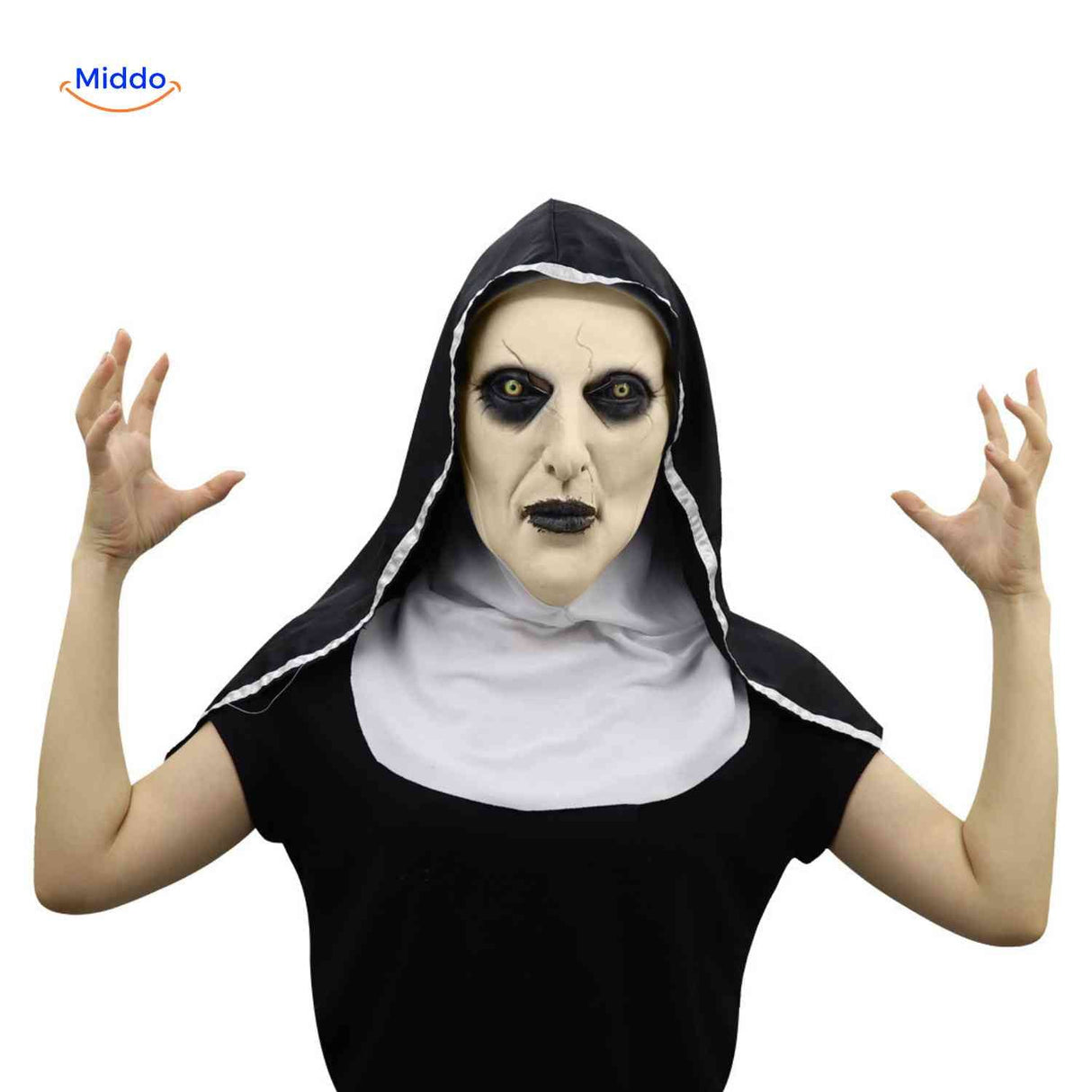 Spooky nun mask posed with raised hands in horror stance.