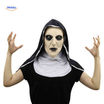 Spooky nun mask posed with raised hands in horror stance.