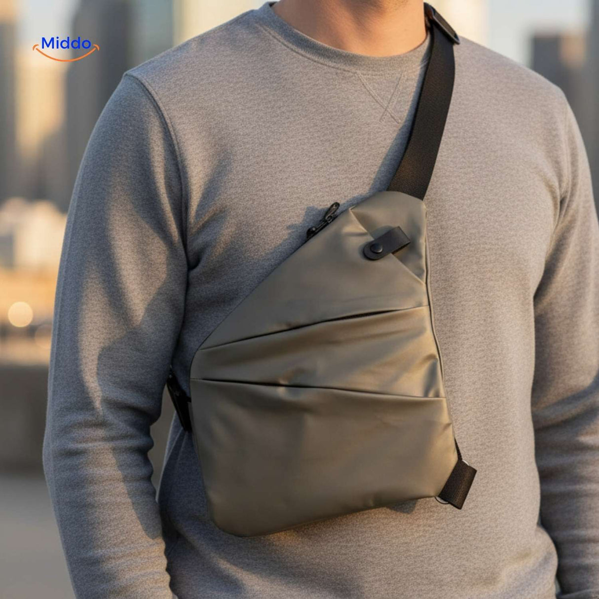 Green adjustable crossbody bag for urban city walking.