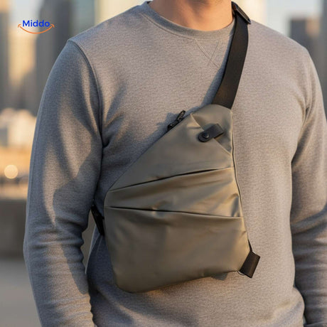 Green adjustable crossbody bag for urban city walking.