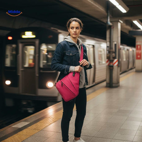 Woman with pink crossbody bag relaxing on waterside bench.