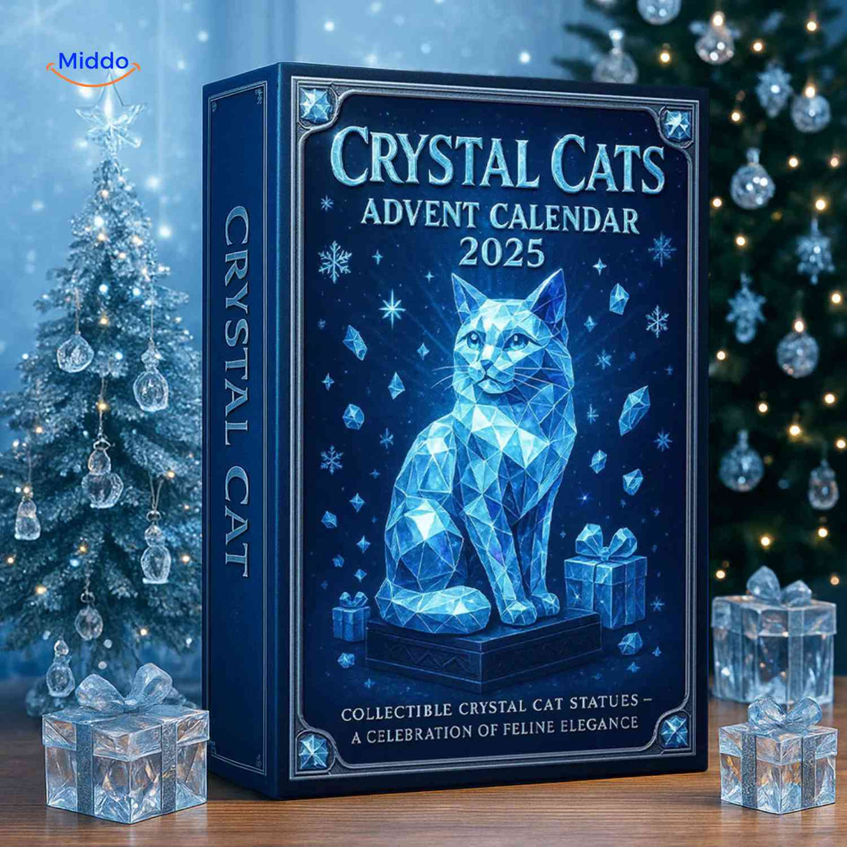 Crystal cat advent calendar figurines displayed on wooden bookshelf shelf.