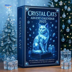 Crystal cat advent calendar figurines displayed on wooden bookshelf shelf.